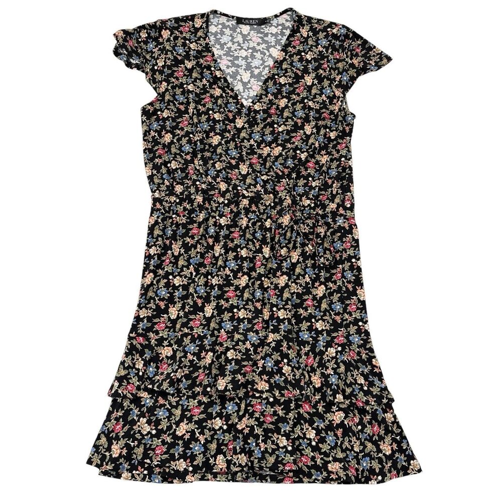 Lauren Ralph Lauren Dress Size 12 Black Floral Tiered Faux Wrap Cocktail Flutter